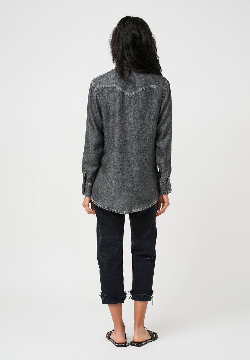 Pierre-Louis Mascia Silk Trompe l'Oeil Denim Effect Aloe Button-Down Top in Charcoal Grey Wash