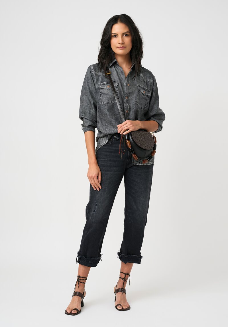 Pierre-Louis Mascia Silk Trompe l'Oeil Denim Effect Aloe Button-Down Top in Charcoal Grey Wash