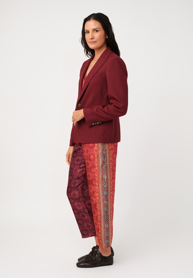 Pierre Louis Mascia Silk Aloe Trousers in Paisley Red & Burgundy Diamonds