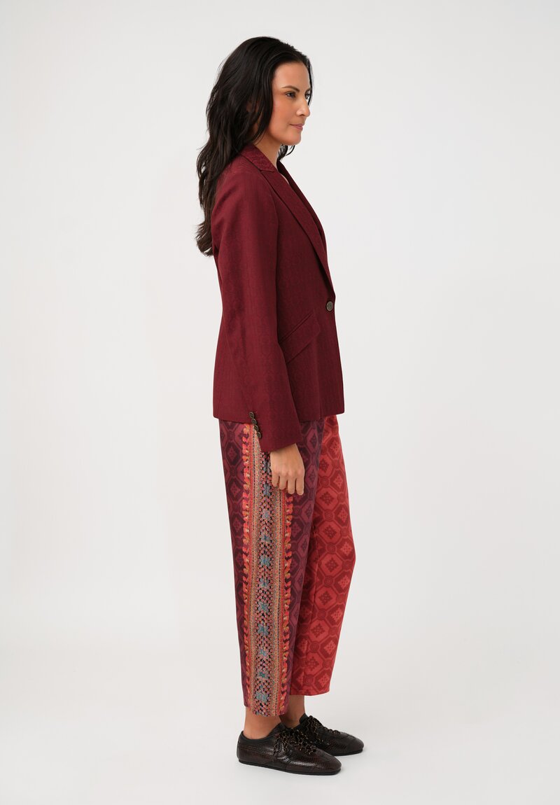 Pierre Louis Mascia Silk Aloe Trousers in Paisley Red & Burgundy Diamonds