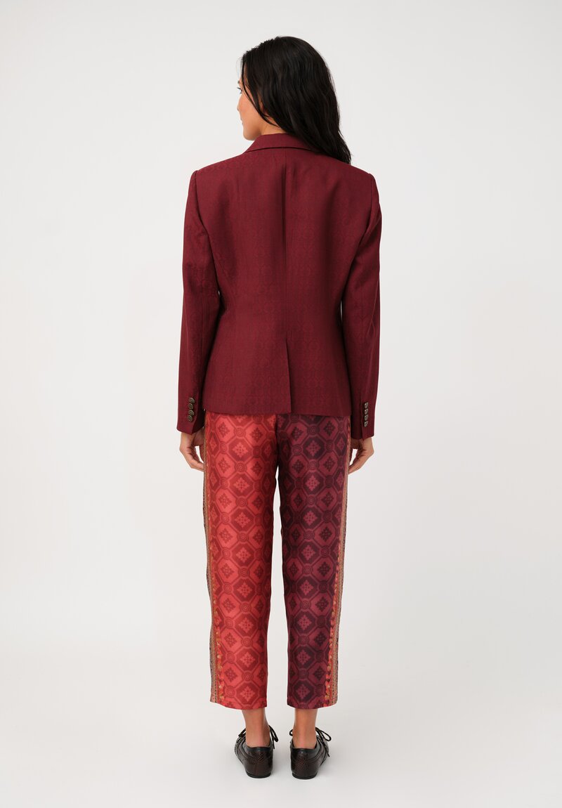 Pierre Louis Mascia Silk Aloe Trousers in Paisley Red & Burgundy Diamonds