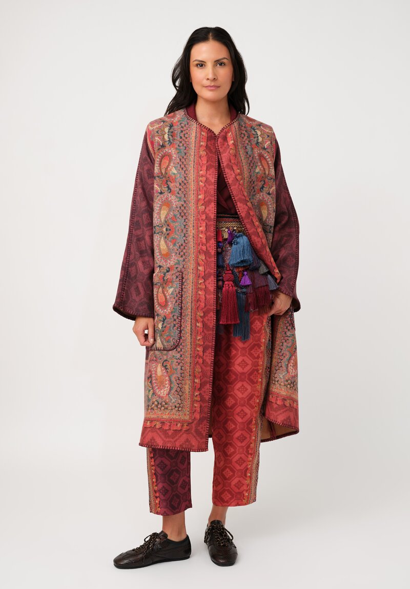 Pierre Louis Mascia Silk Aloe Trousers in Paisley Red & Burgundy Diamonds