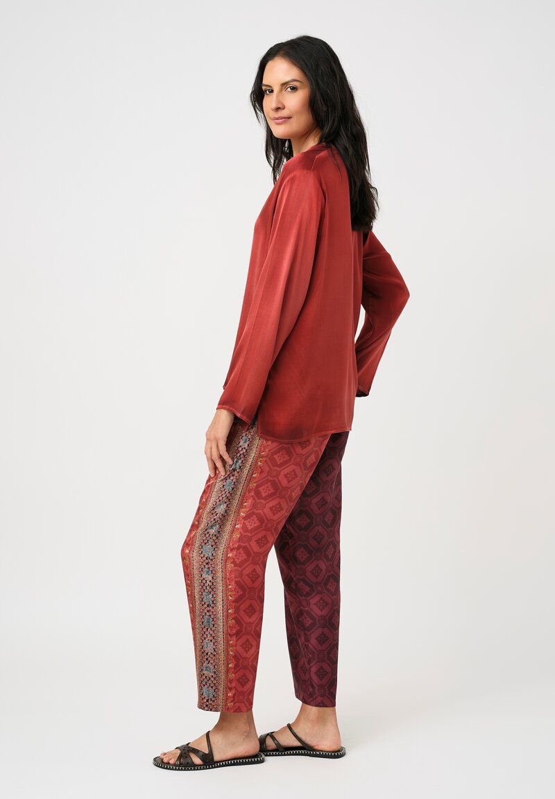 Pierre Louis Mascia Silk Aloe Trousers in Paisley Red & Burgundy Diamonds