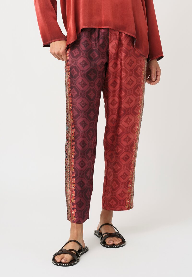 Pierre Louis Mascia Silk Aloe Trousers in Paisley Red & Burgundy Diamonds