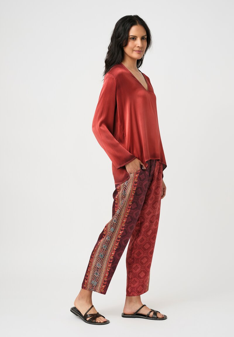 Pierre Louis Mascia Silk Aloe Trousers in Paisley Red & Burgundy Diamonds