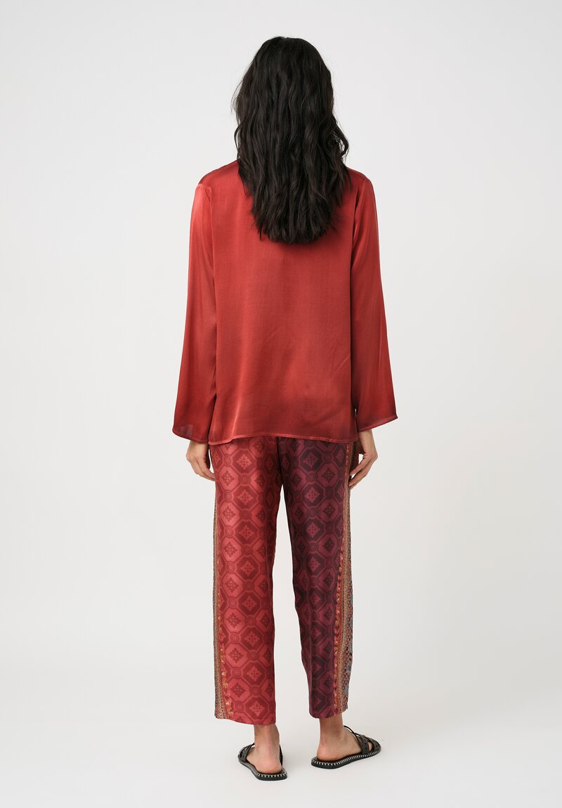 Pierre Louis Mascia Silk Aloe Trousers in Paisley Red & Burgundy Diamonds