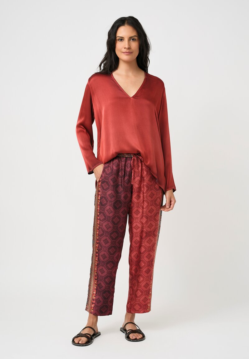 Pierre Louis Mascia Silk Aloe Trousers in Paisley Red & Burgundy Diamonds