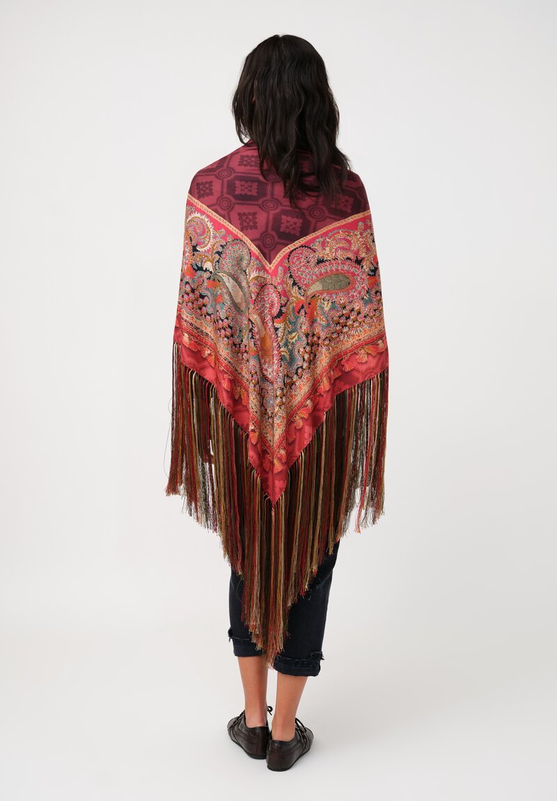 Pierre Louis Mascia Silk Fringe Aloe Scarf in Red & Burgundy Diamonds & Paisley