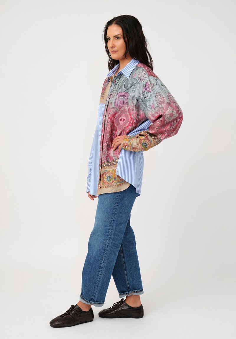 Pierre-Louis Mascia Cotton & Silk Alokam Shirt in Blue Stripes & Rich Reds Floral Tapestry