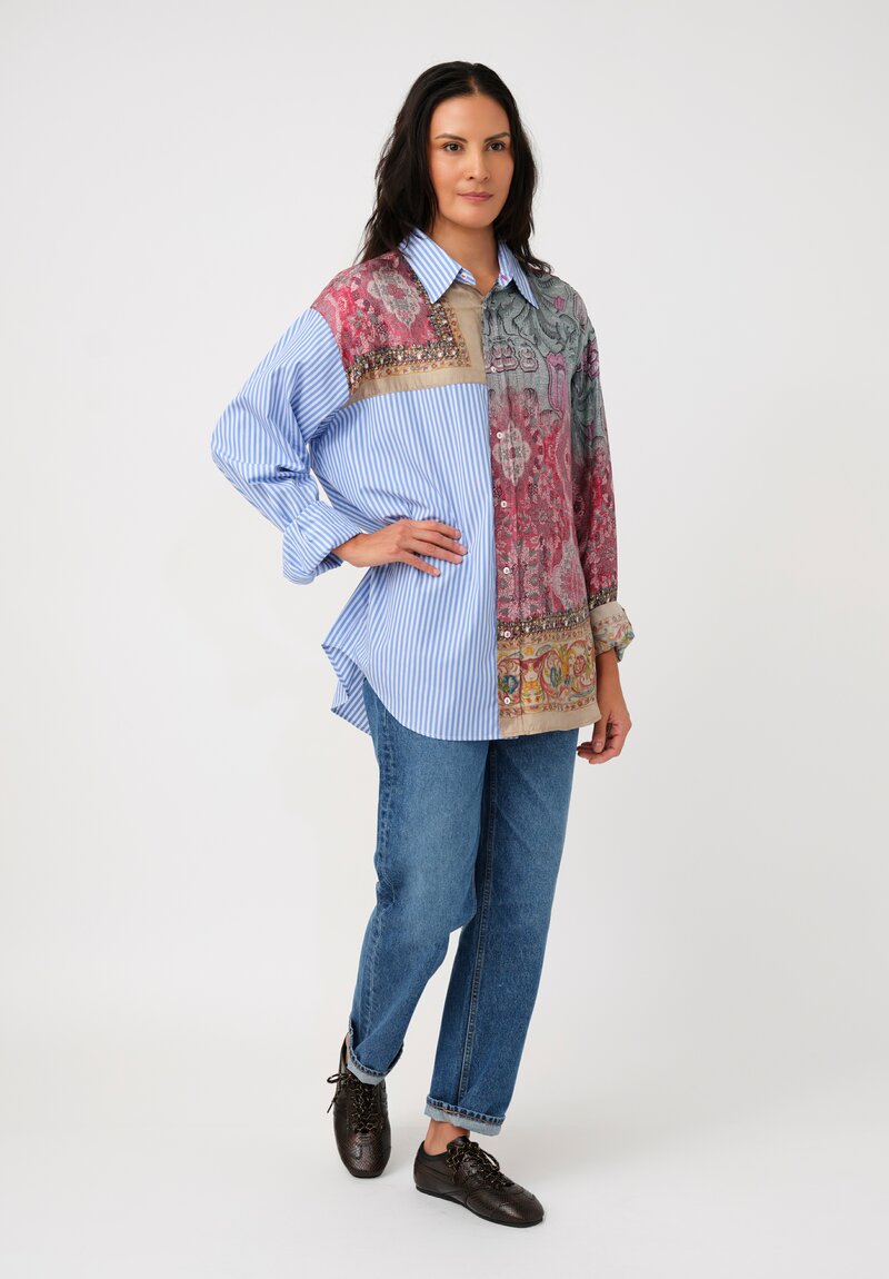 Pierre-Louis Mascia Cotton & Silk Alokam Shirt in Blue Stripes & Rich Reds Floral Tapestry