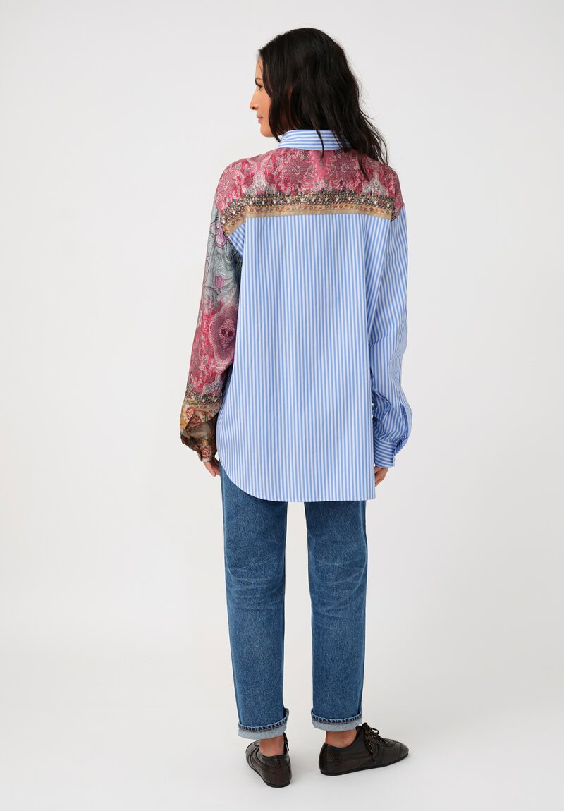 Pierre-Louis Mascia Cotton & Silk Alokam Shirt in Blue Stripes & Rich Reds Floral Tapestry