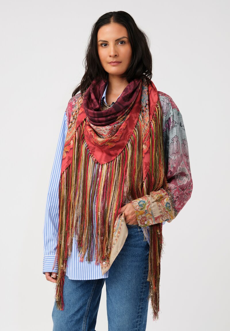 Pierre-Louis Mascia Cotton & Silk Alokam Shirt in Blue Stripes & Rich Reds Floral Tapestry
