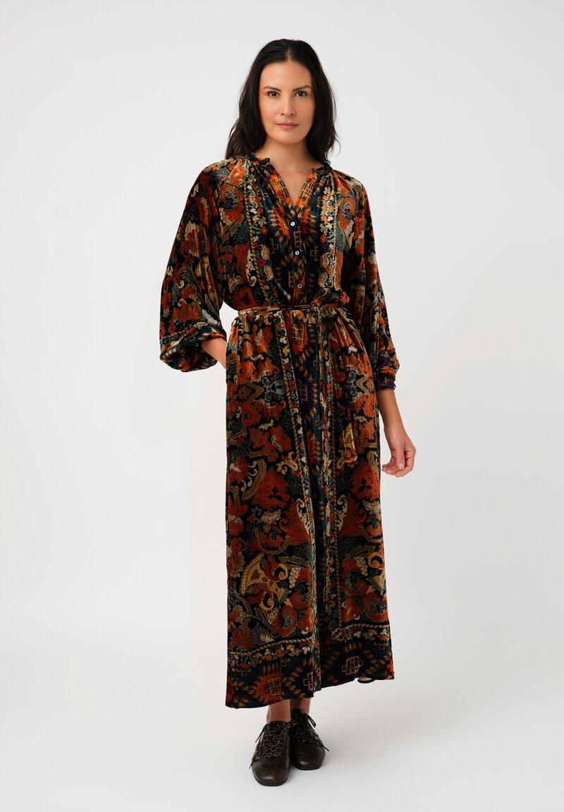 Pierre-Louis Mascia Velvet Kanada Shirt Dress in Orange Floral Tapestries