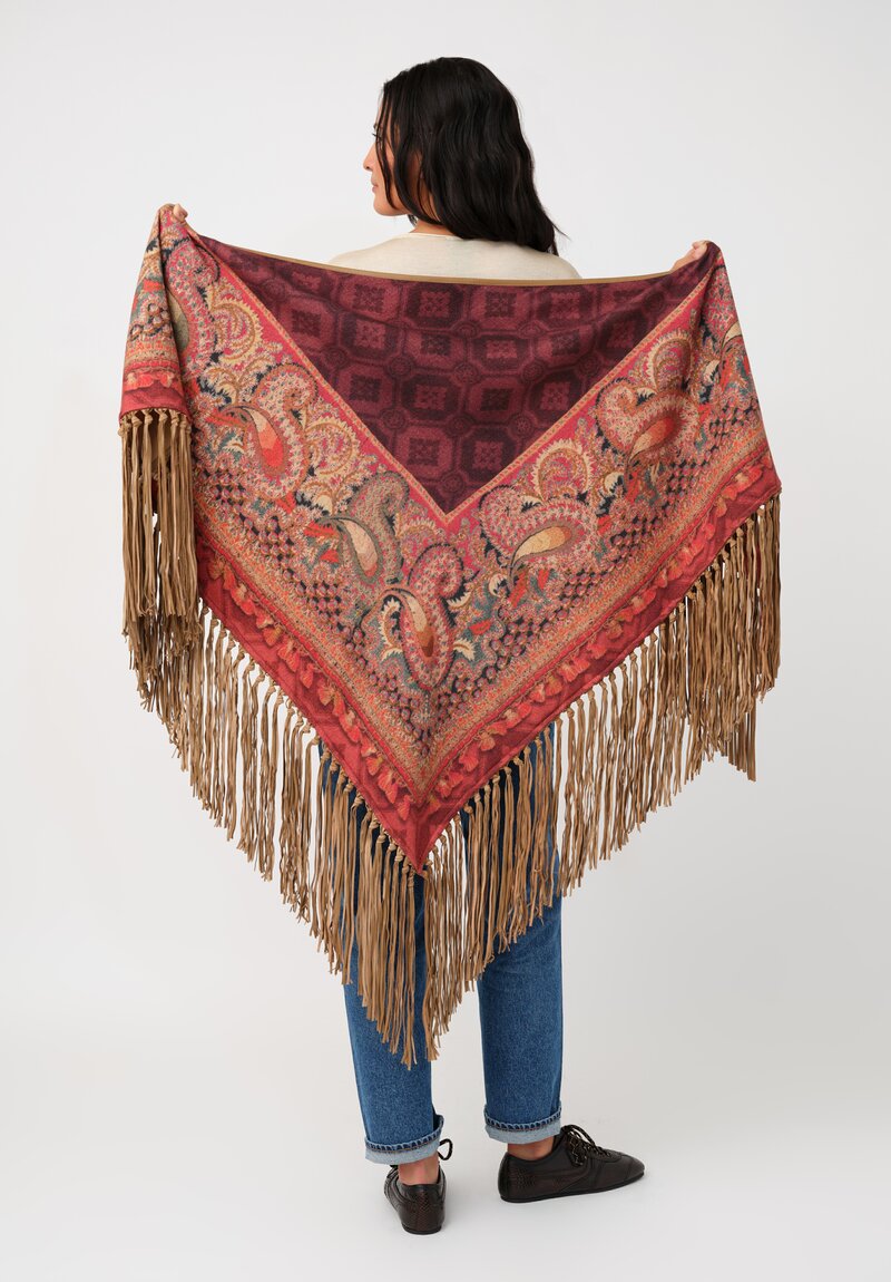 Pierre-Louis Mascia Leather Fringe Pancake Shawl in Red & Burgundy Diamonds & Paisley