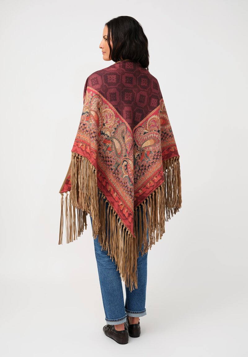 Pierre-Louis Mascia Leather Fringe Pancake Shawl in Red & Burgundy Diamonds & Paisley