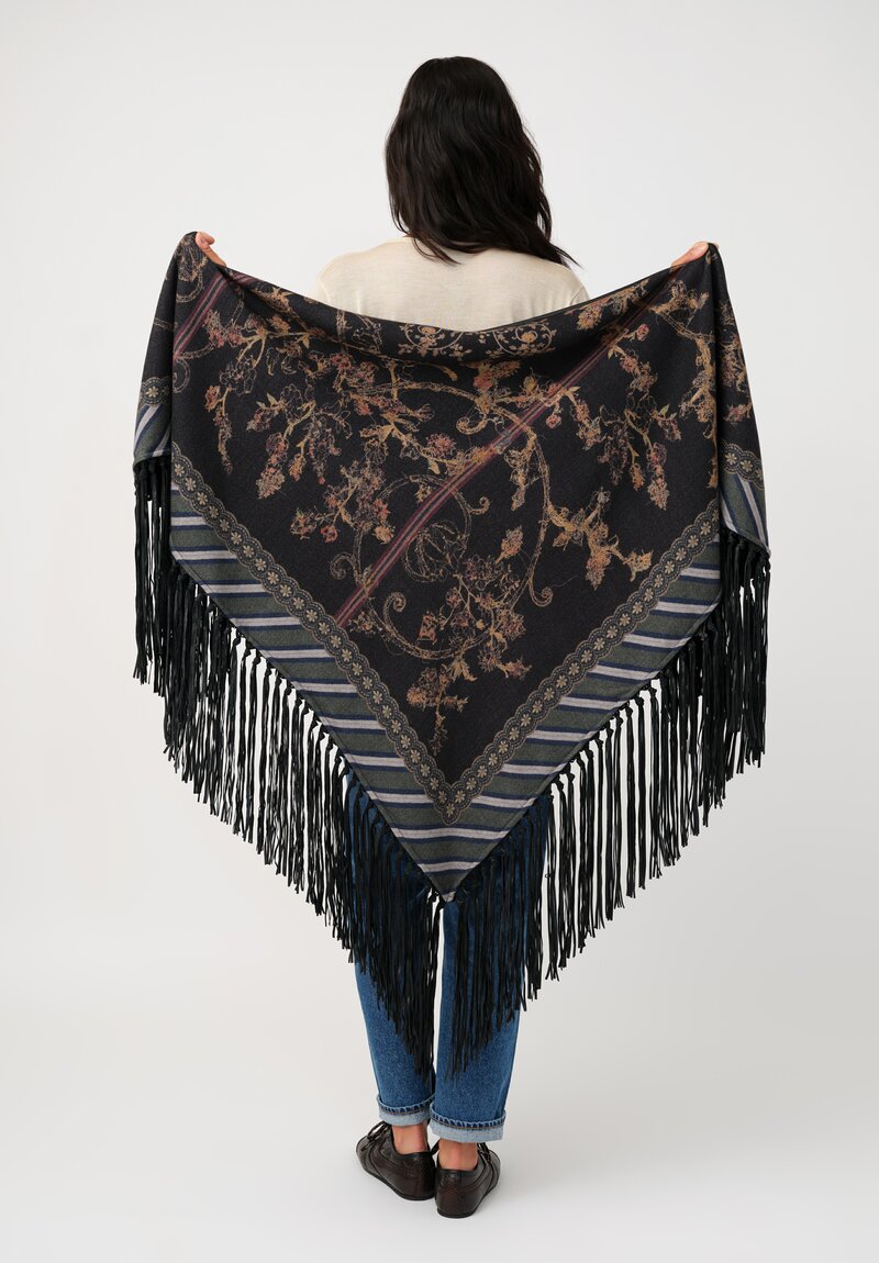 Pierre-Louis Mascia Leather Fringe Pancake Shawl in Black Rose Vines