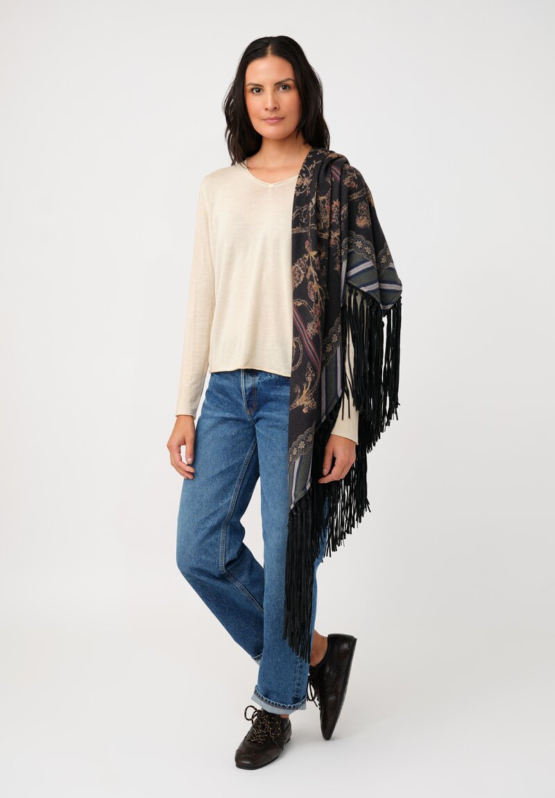 Pierre-Louis Mascia Leather Fringe Pancake Shawl in Black Rose Vines