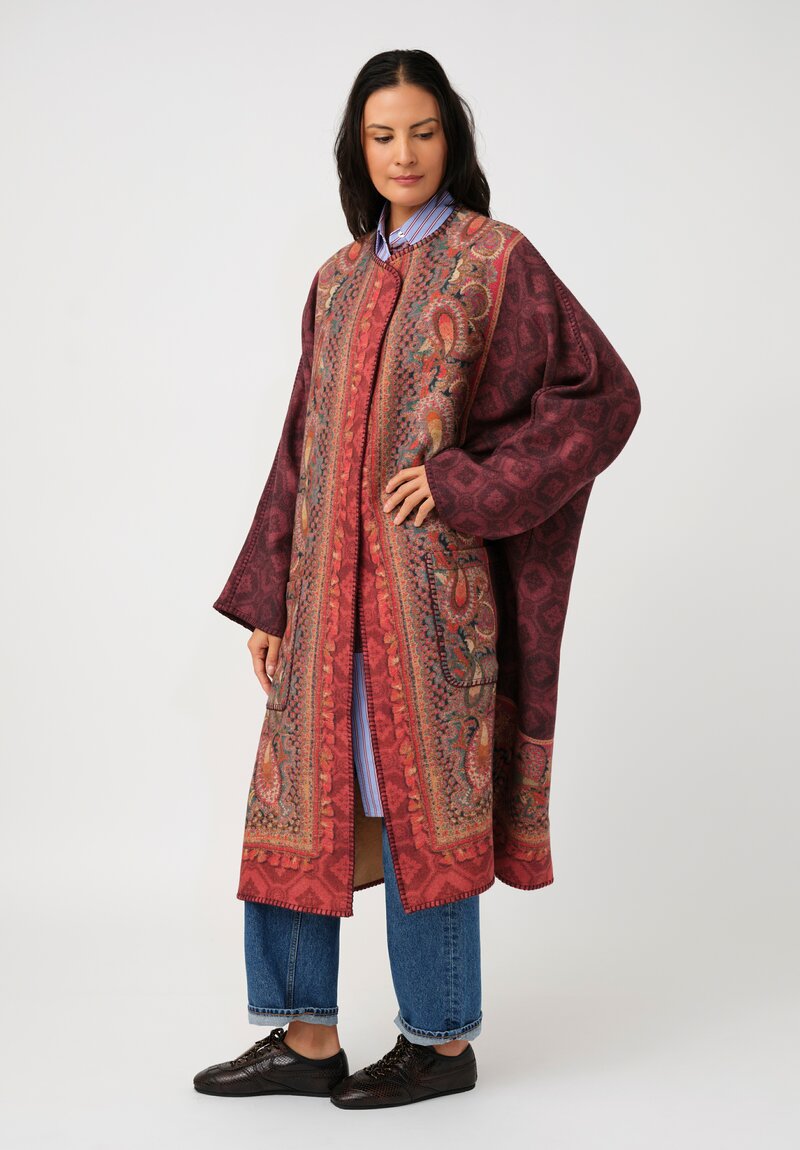 Pierre-Louis Mascia Thermal Pancake Kimono Duster in Paisley, Red & Burgundy Diamonds