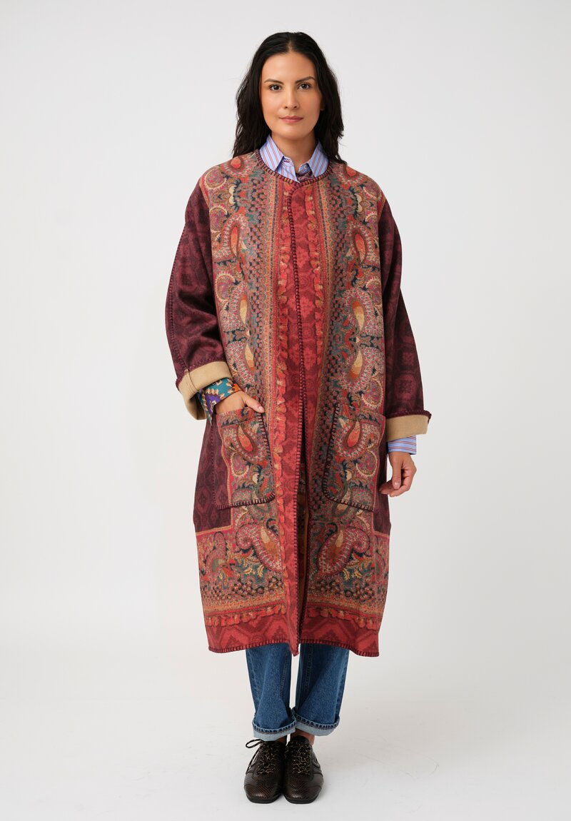 Pierre-Louis Mascia Thermal Pancake Kimono Duster in Paisley, Red & Burgundy Diamonds