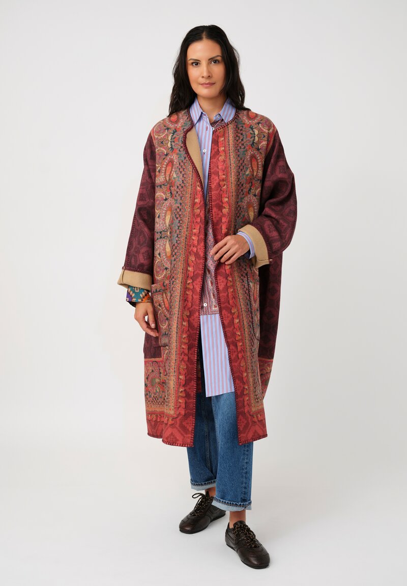 Pierre-Louis Mascia Thermal Pancake Kimono Duster in Paisley, Red & Burgundy Diamonds