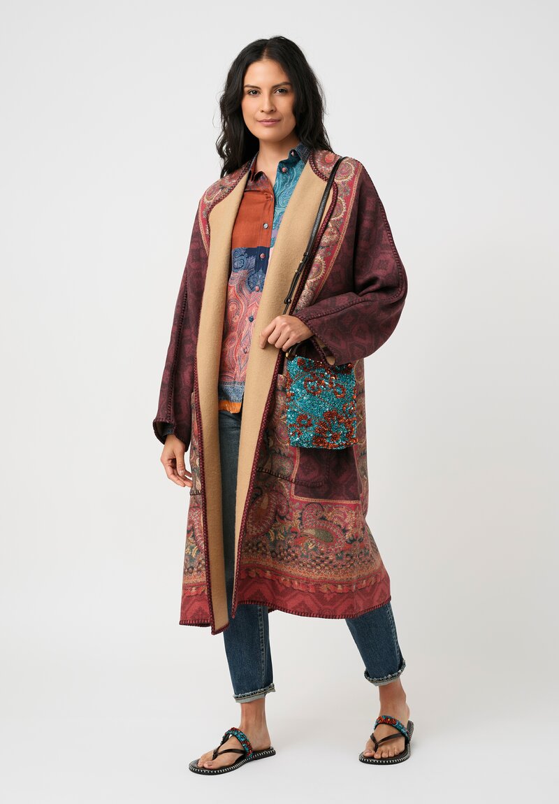 Pierre-Louis Mascia Thermal Pancake Kimono Duster in Paisley, Red & Burgundy Diamonds