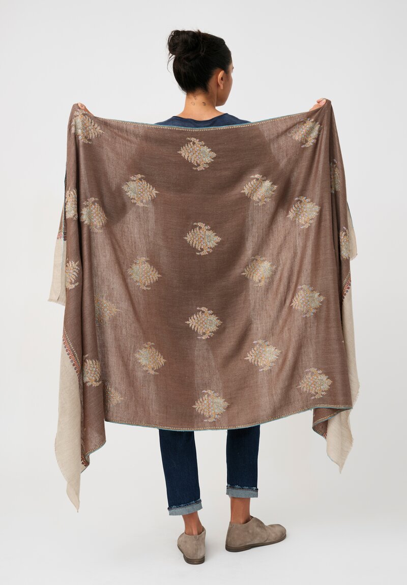 Yaser Shaw Cashmere Kashmiri Embroidered Scarf in Bronze Brown & Paisley Bouquets