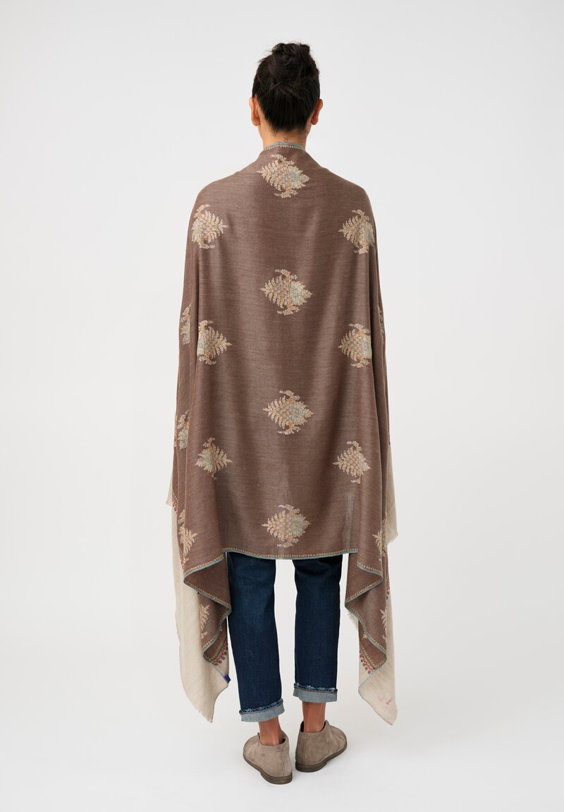 Yaser Shaw Cashmere Kashmiri Embroidered Scarf in Bronze Brown & Paisley Bouquets
