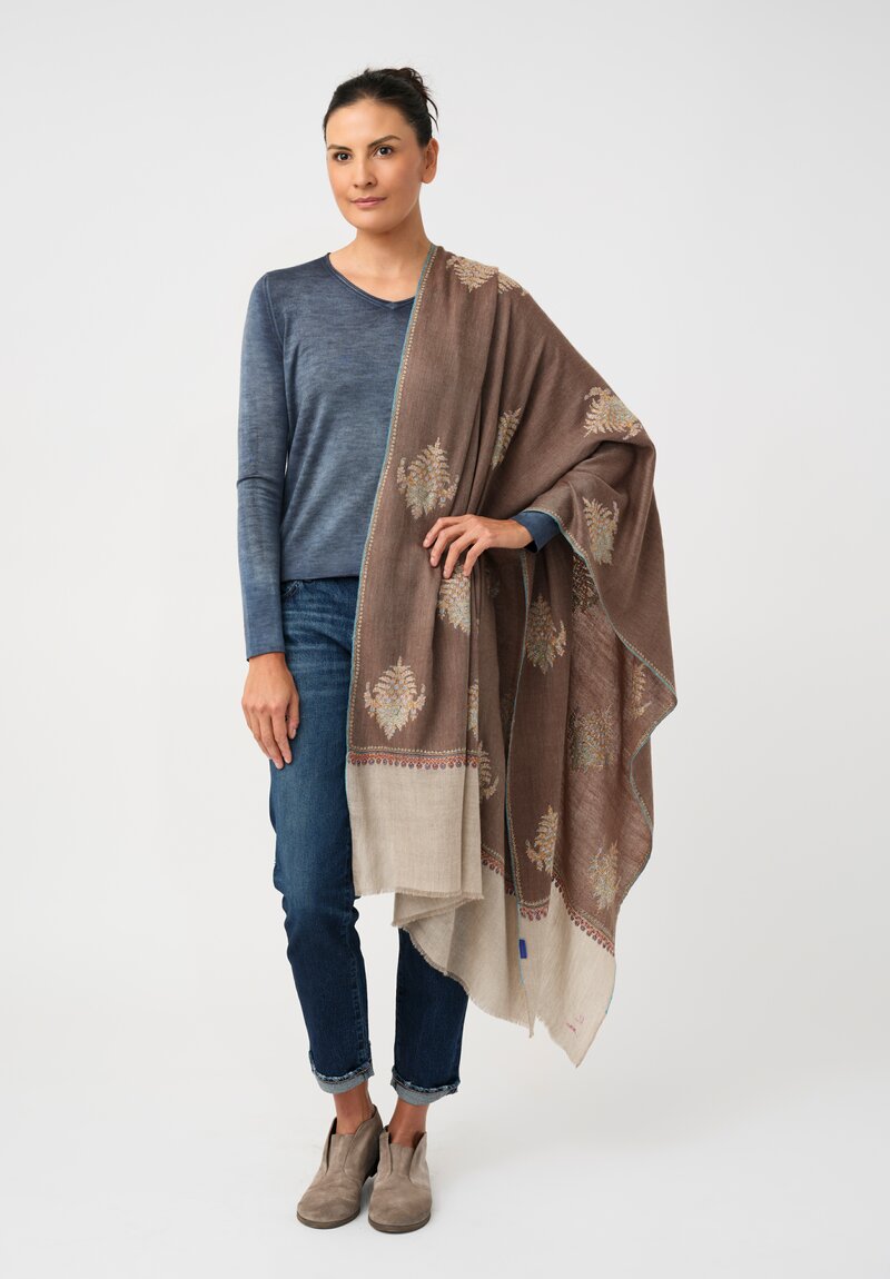 Yaser Shaw Cashmere Kashmiri Embroidered Scarf in Bronze Brown & Paisley Bouquets