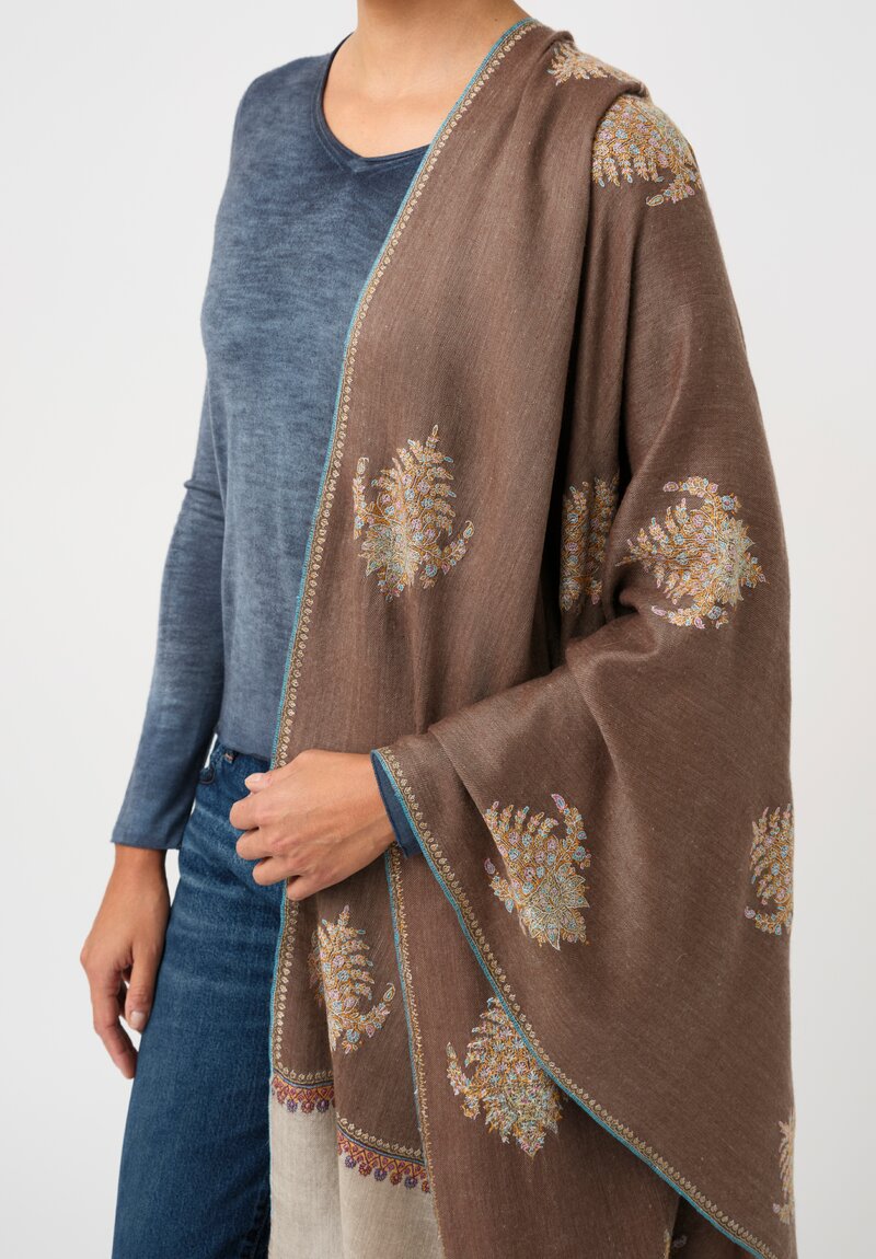 Yaser Shaw Cashmere Kashmiri Embroidered Scarf in Bronze Brown & Paisley Bouquets