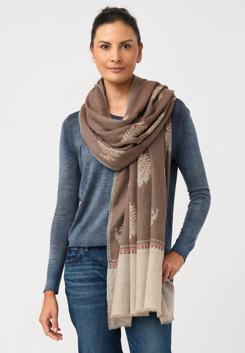 Yaser Shaw Cashmere Kashmiri Embroidered Scarf in Bronze Brown & Paisley Bouquets