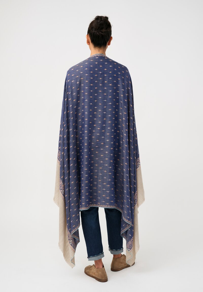 Yaser Shaw Cashmere Kashmiri Embroidered Scarf in Atlantic Blue & Paisley Flowers