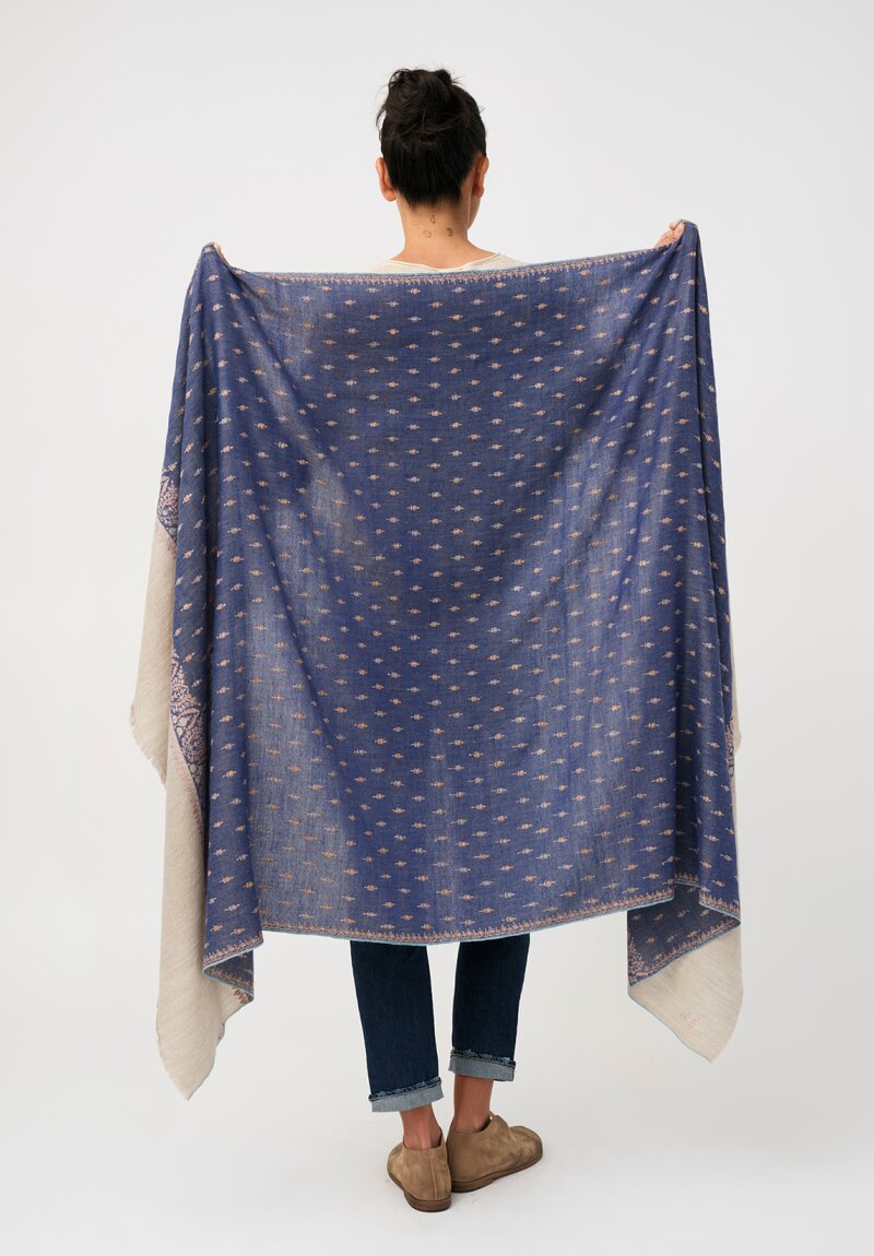 Yaser Shaw Cashmere Kashmiri Embroidered Scarf in Atlantic Blue & Paisley Flowers