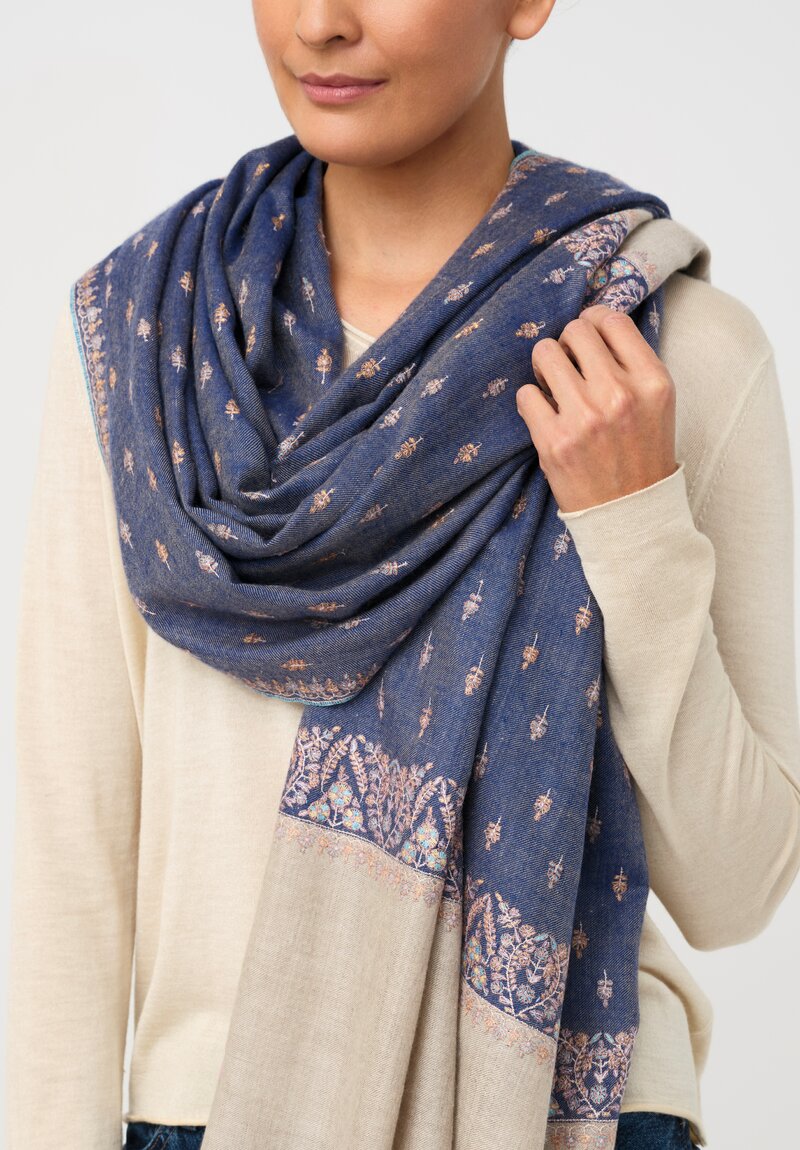 Yaser Shaw Cashmere Kashmiri Embroidered Scarf in Atlantic Blue & Paisley Flowers