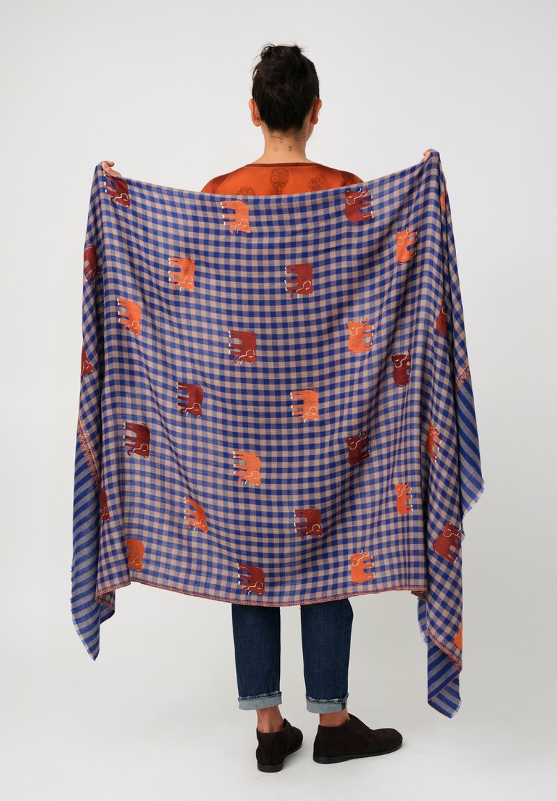 Yaser Shaw Cashmere Kashmiri Embroidered Scarf in Royal Blue Gingham with Animal Motifs