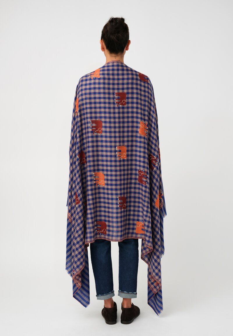 Yaser Shaw Cashmere Kashmiri Embroidered Scarf in Royal Blue Gingham with Animal Motifs