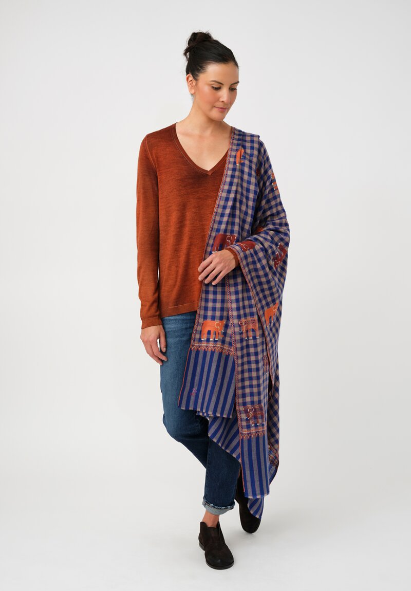 Yaser Shaw Cashmere Kashmiri Embroidered Scarf in Royal Blue Gingham with Animal Motifs