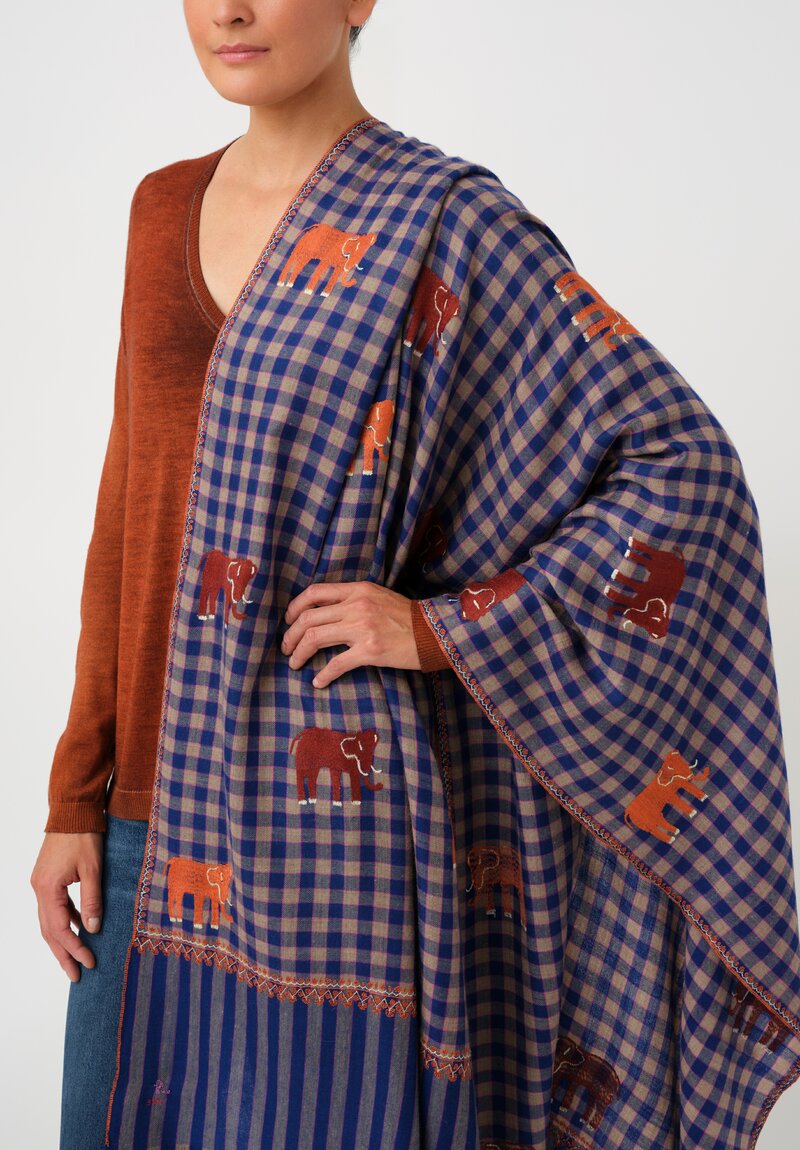Yaser Shaw Cashmere Kashmiri Embroidered Scarf in Royal Blue Gingham with Animal Motifs