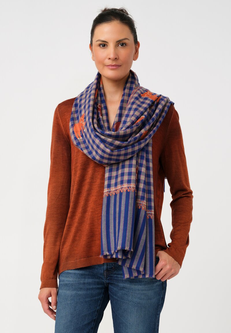 Yaser Shaw Cashmere Kashmiri Embroidered Scarf in Royal Blue Gingham with Animal Motifs