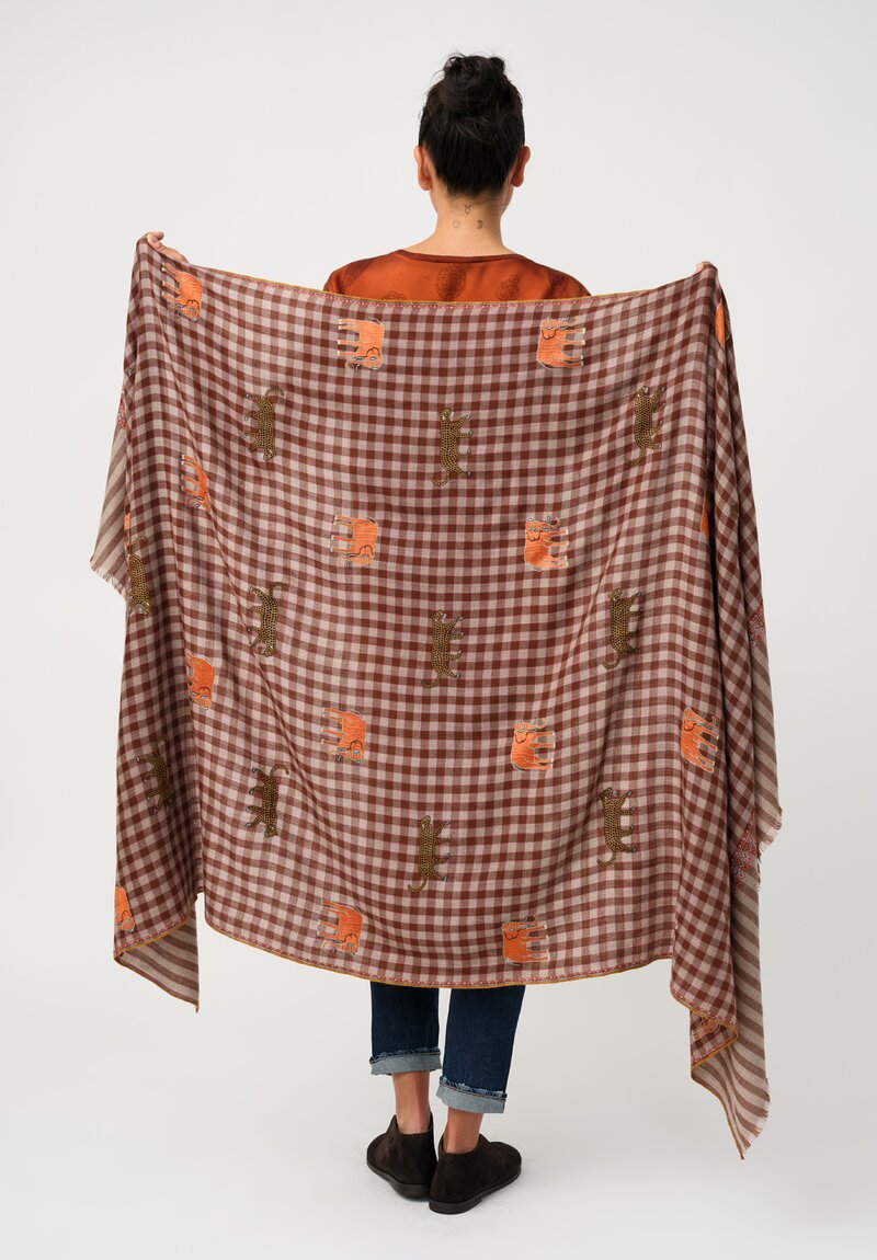 Yaser Shaw Cashmere Kashmiri Embroidered Scarf in Brown Burnt Sienna Gingham with Animal Motifs