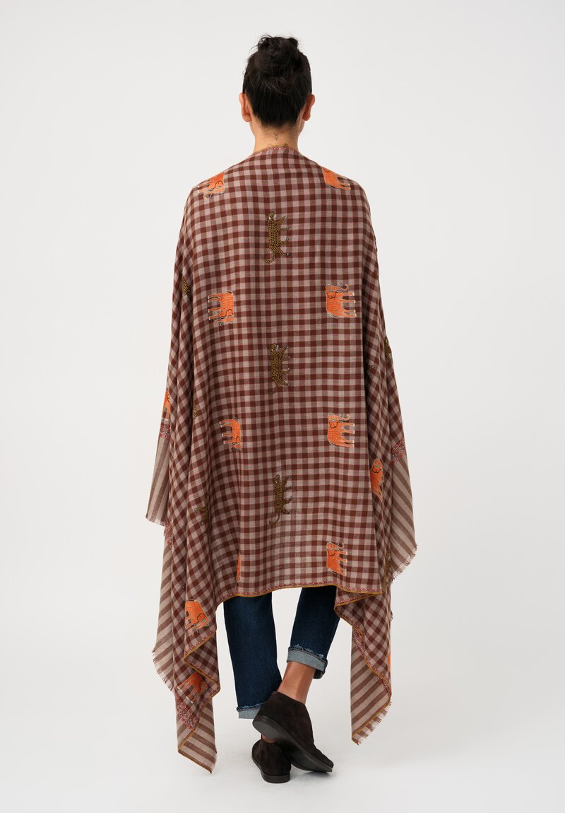 Yaser Shaw Cashmere Kashmiri Embroidered Scarf in Brown Burnt Sienna Gingham with Animal Motifs