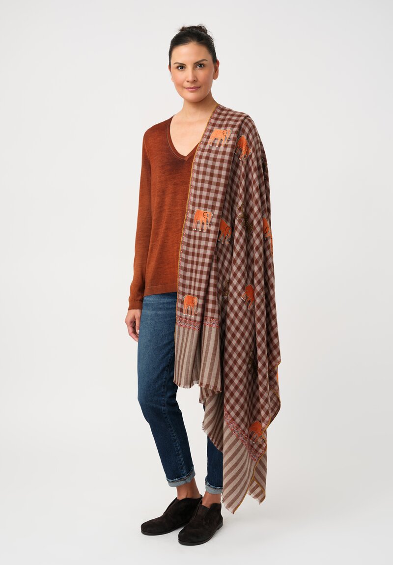 Yaser Shaw Cashmere Kashmiri Embroidered Scarf in Brown Burnt Sienna Gingham with Animal Motifs