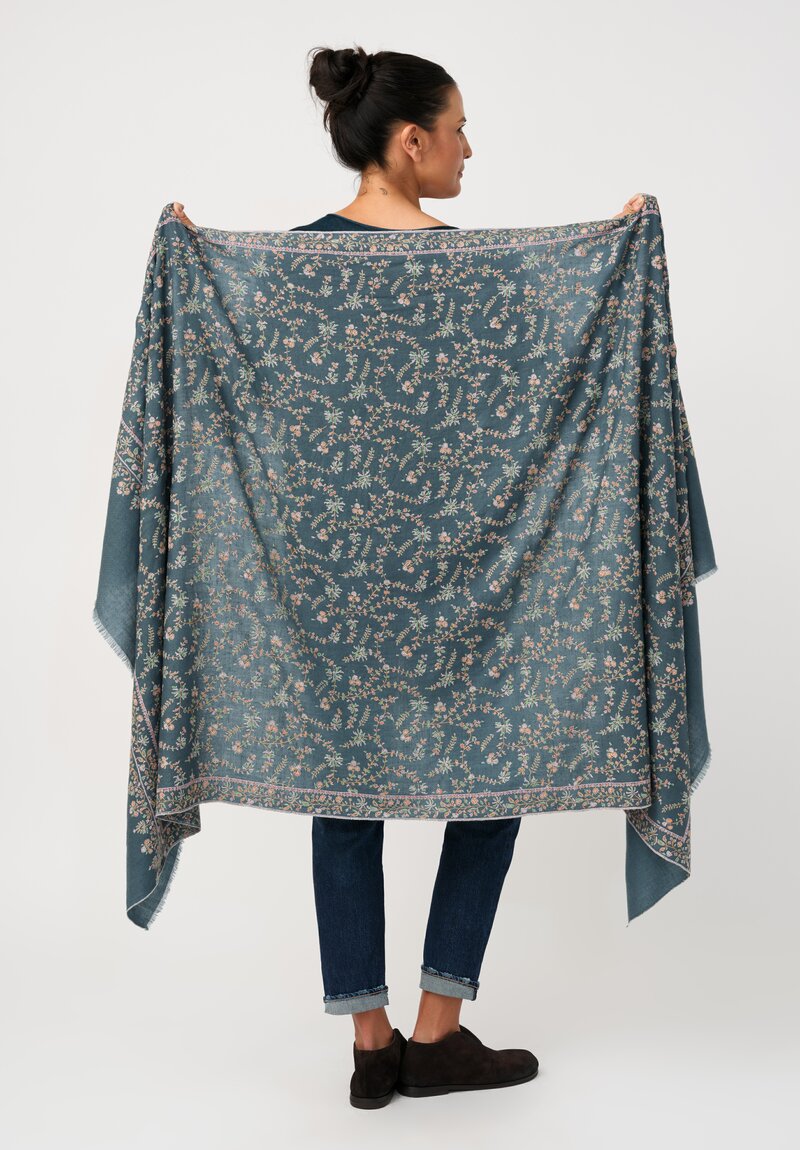 aser Shaw Cashmere Kashmiri Embroidered Scarf in Aegean Blue & Paisley Vine Forest