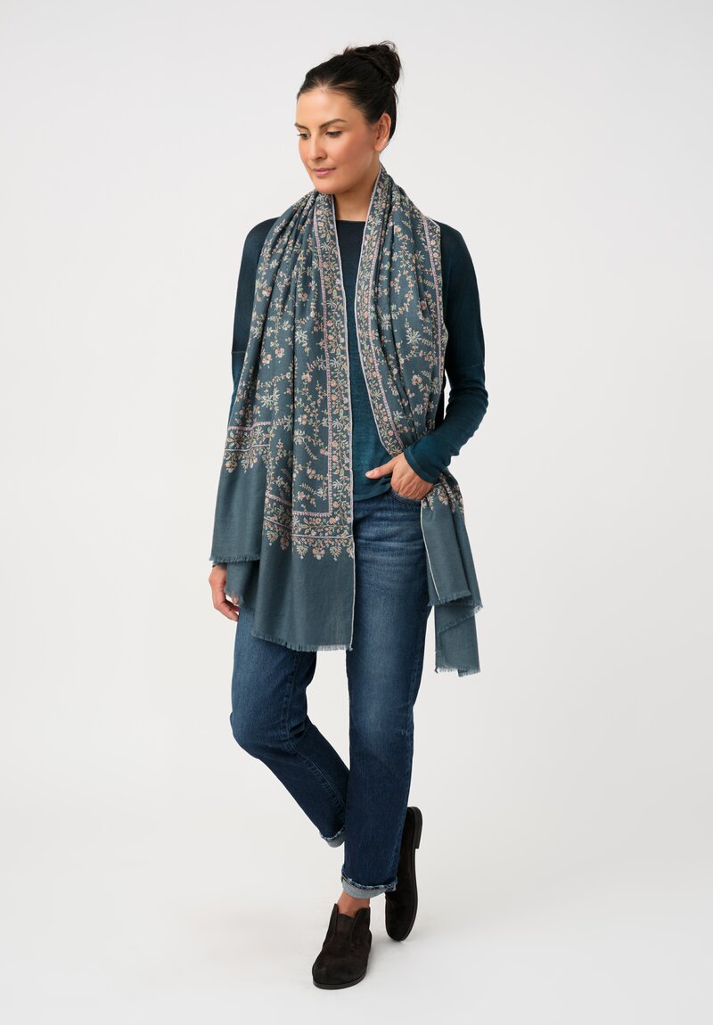aser Shaw Cashmere Kashmiri Embroidered Scarf in Aegean Blue & Paisley Vine Forest