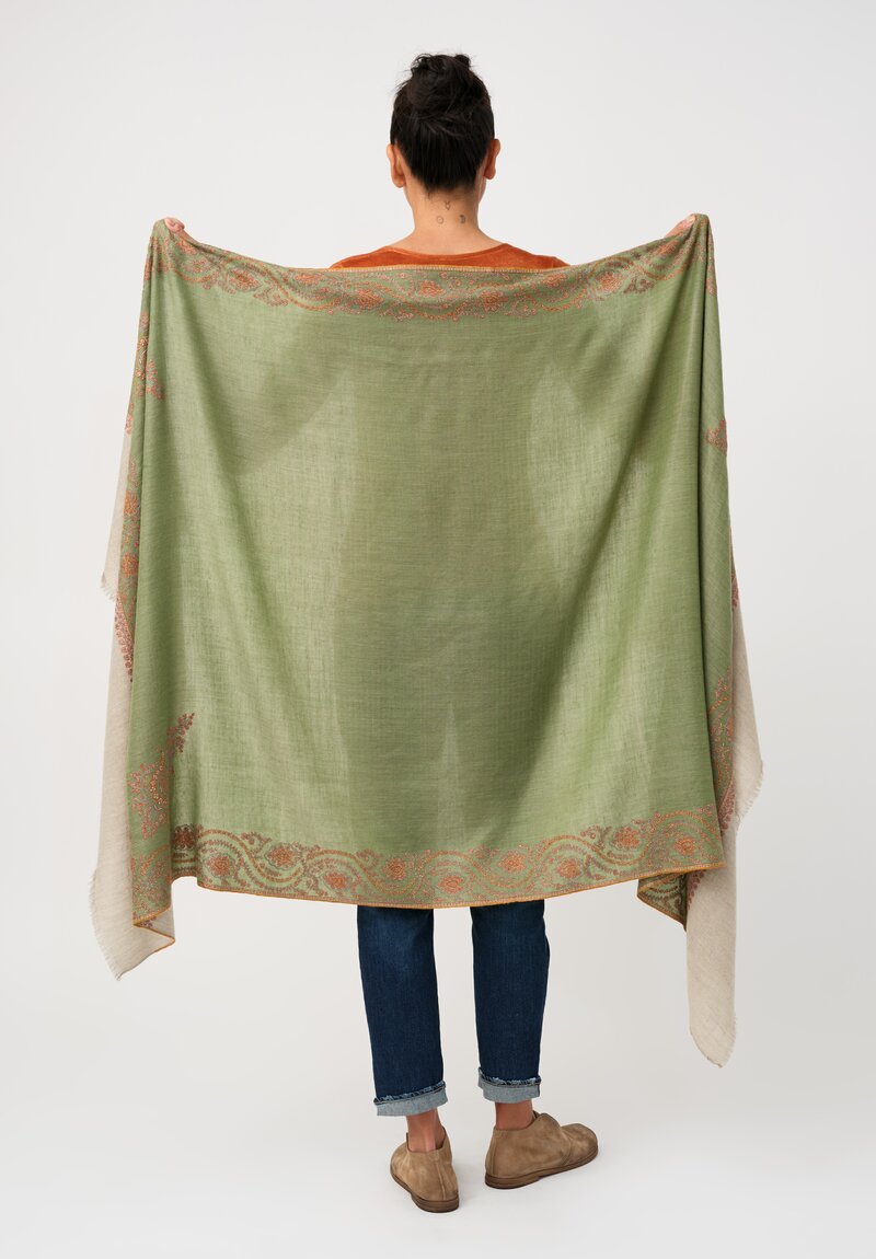 Yaser Shaw Cashmere Kashmiri Embroidered Scarf in Pistachio Green Paisley Hearts & Suns