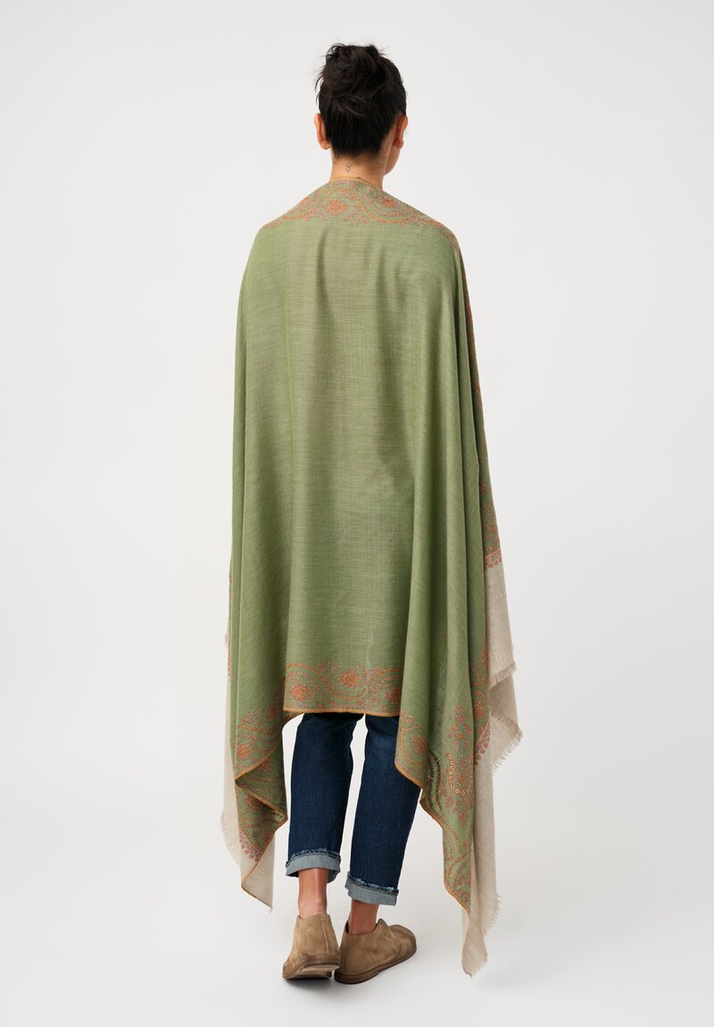 Yaser Shaw Cashmere Kashmiri Embroidered Scarf in Pistachio Green Paisley Hearts & Suns