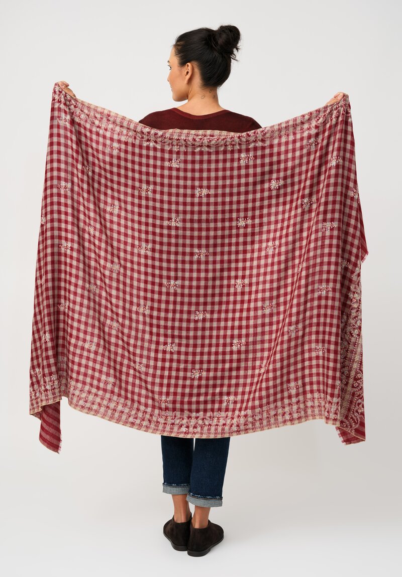 Yaser Shaw Cashmere Kashmiri Embroidered Scarf in Royal Red Gingham with Paisley Flowers