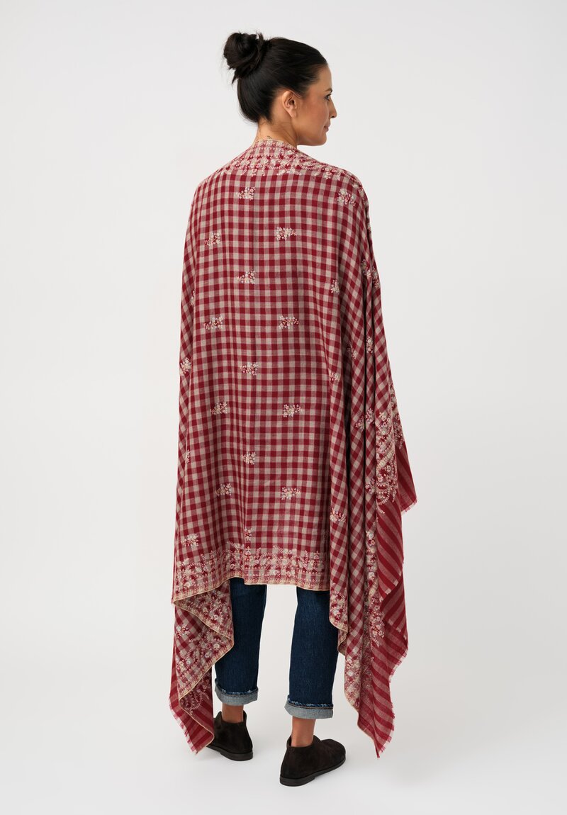 Yaser Shaw Cashmere Kashmiri Embroidered Scarf in Royal Red Gingham with Paisley Flowers