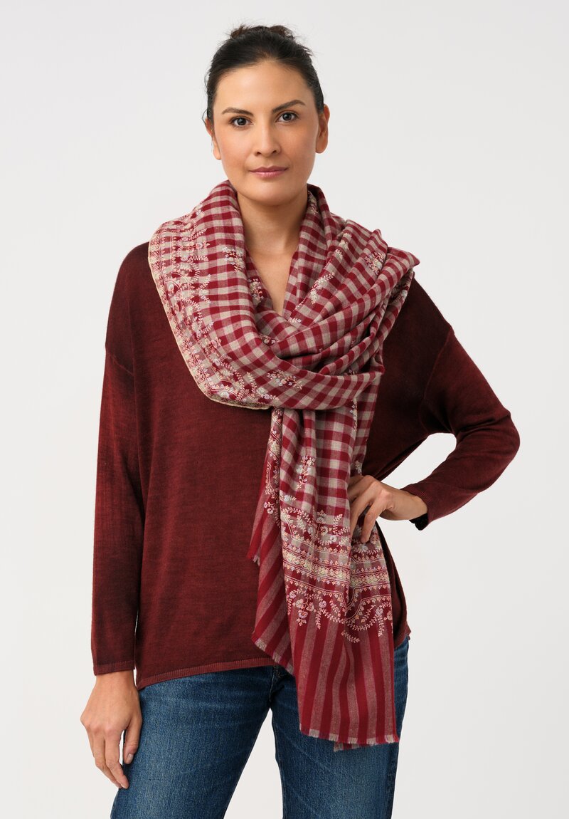 Yaser Shaw Cashmere Kashmiri Embroidered Scarf in Royal Red Gingham with Paisley Flowers