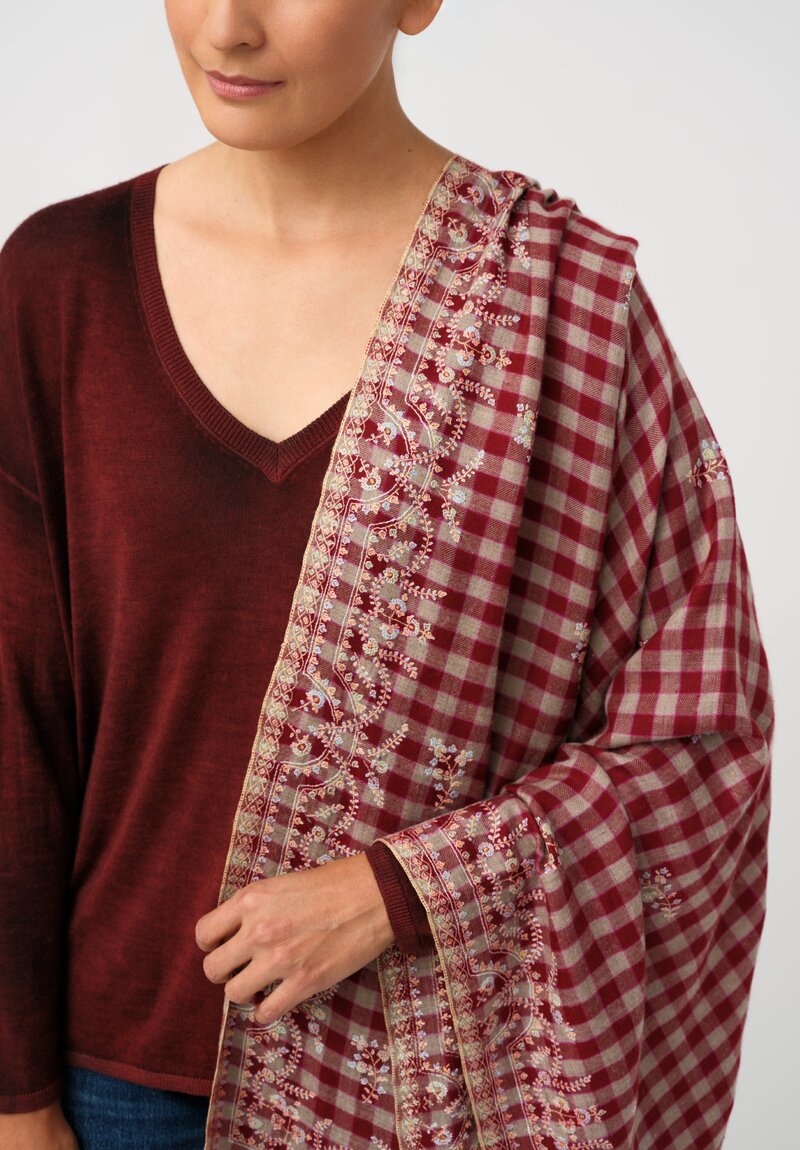 Yaser Shaw Cashmere Kashmiri Embroidered Scarf in Royal Red Gingham with Paisley Flowers