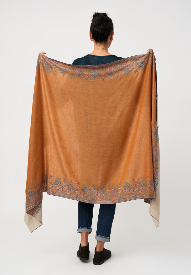 Yaser Shaw Cashmere Kashmiri Embroidered Scarf in Sepia Orange Daisy Bouquets